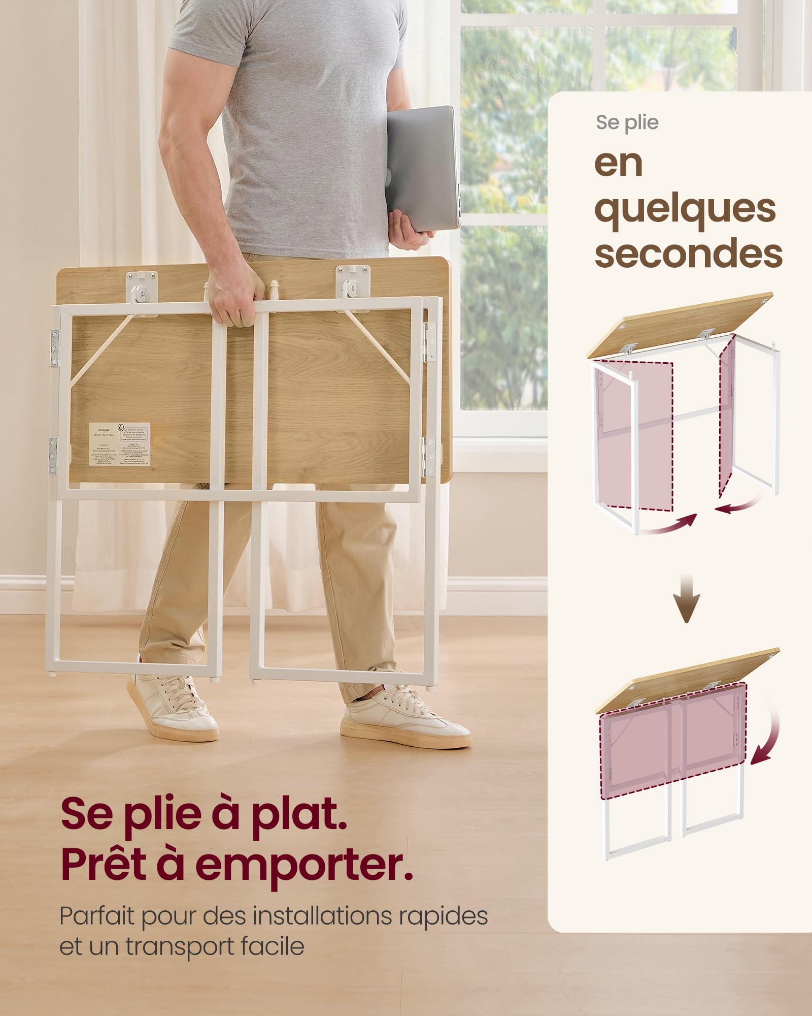 VASAGLE Table Pliante Bureau Pliable 80 x 40 cm Chêne Naturel