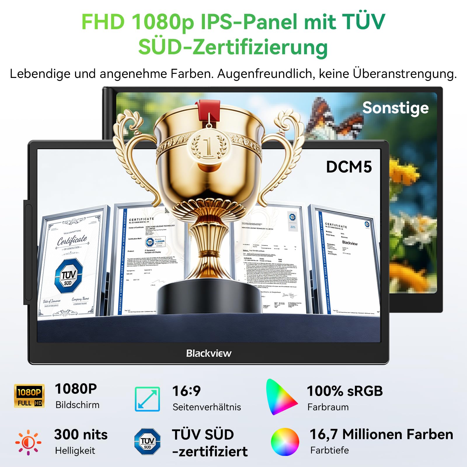 Blackview Laptop Monitor Erweiterung 14", Niedriges Blaulicht 1080P FHD HDMI/USB-A/USB C/100W PD-Rückwärtsladung Portable Monitor für Laptop 13,3"-17,3"/Smartphone/PC/Mac/PS5/Xbox