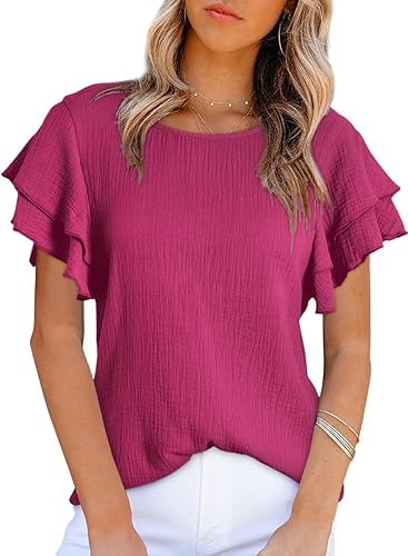 Dokotoo Womens Tops Ruffle Short Sleeve Crewneck Shirts Solid Casual Loose Babyd&hellip;