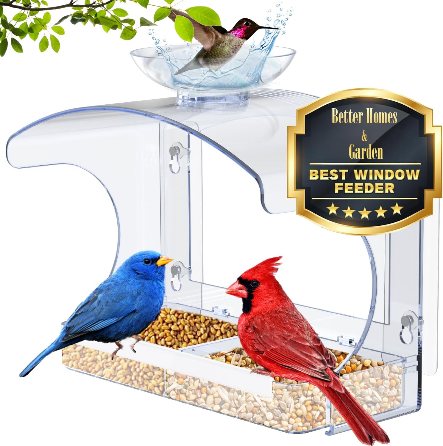 Large Window Bird Feeders Outside with 2 Non-Marking Self-Adhesive Hooks - Wild Bird Watching Outdoor Transparent - Unique Gifts for Garden Yard Elderly Viewing(with a Brush, Easy to Clean)