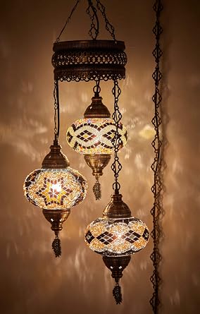 DEMMEX Plug-in Turkish Hanging Lamp, Handmade Moroccan Mosaic Chandelier Pendant Light Fixture with 15-ft Cord & Chain, Decorative Ceiling Lamp for Living Room, Bedroom, 3 Large 7 Globes, 3.5 ft.
