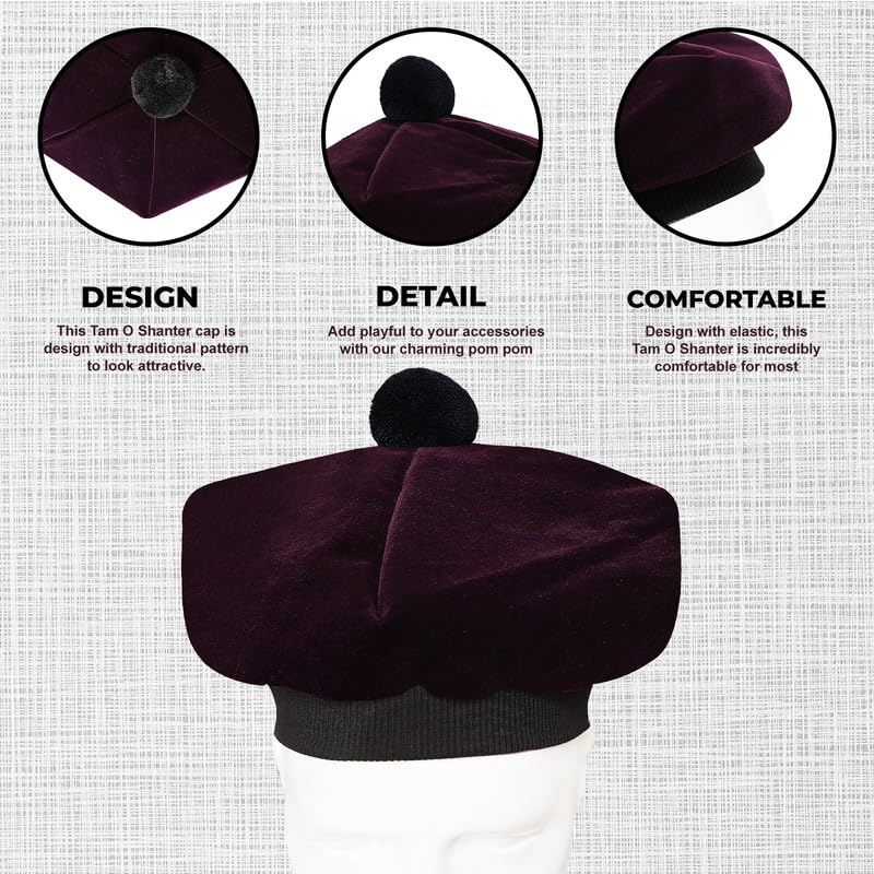 Image of Scottish Tam O' Shanter Hat Tartan Bonnet Pom Pom Wool Flat Cap One Size
