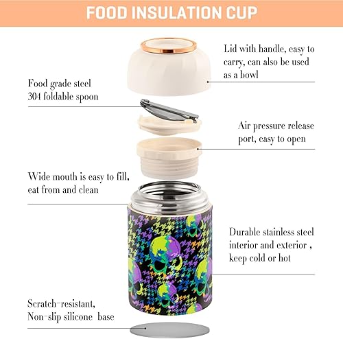 Miniatura 4 de MCHIVER Skulls - Tarro de comida con cuchara de acero inoxidable aislado al vacío, contenedor de alimentos de 17 onzas para almuerzo