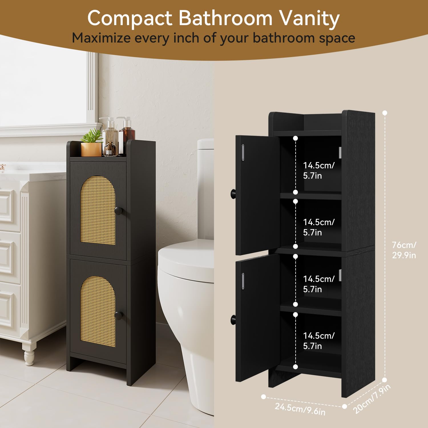 IBUYKE Kleiner Badezimmerschrank mit Rattantür, schmaler Toilettenpapierhalter, Standschrank mit verstellbaren Einlegeböden, platzsparender Organizer für Toilettenartikel WBS001B