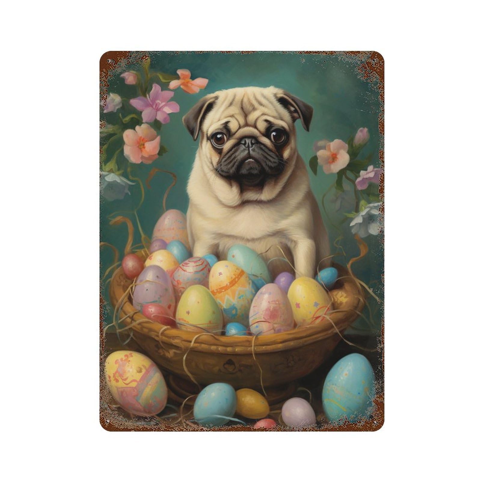 Easter Pug with Eggs Retro Metal Sign 15.7"x11.8", Classic Wall Plaque for Basement, Hobby Room And Garage Decor