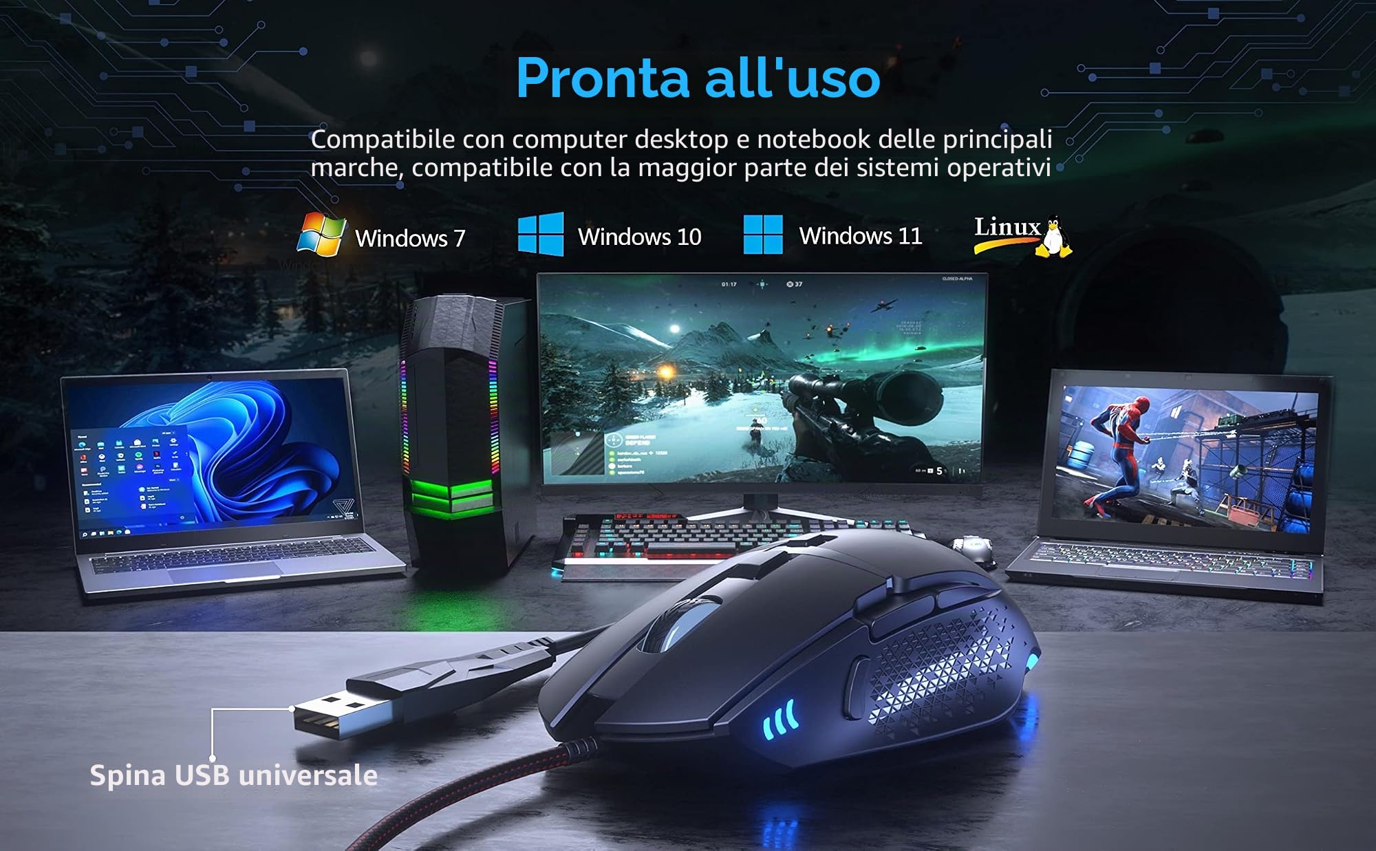 CYD Mouse da gioco RGB C303, mouse cablato USB 3.0, design ergonomico, programmabile, monitoraggio e sparatoria a scatto RGB
