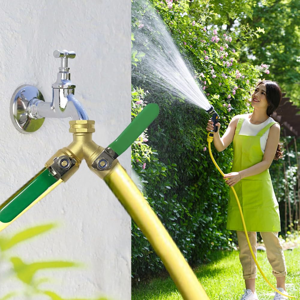 Distributore Dell'acqua a 2 Vie:Rubinetto 2 Vie,Rubinetto Giardino 3/4, Sdoppiatore Rubinetto Giardino,Ottone con 2 Rubinetti Separati,Con Manici di Prolunga Verde,per Casa,Lavatrice,Tubi
