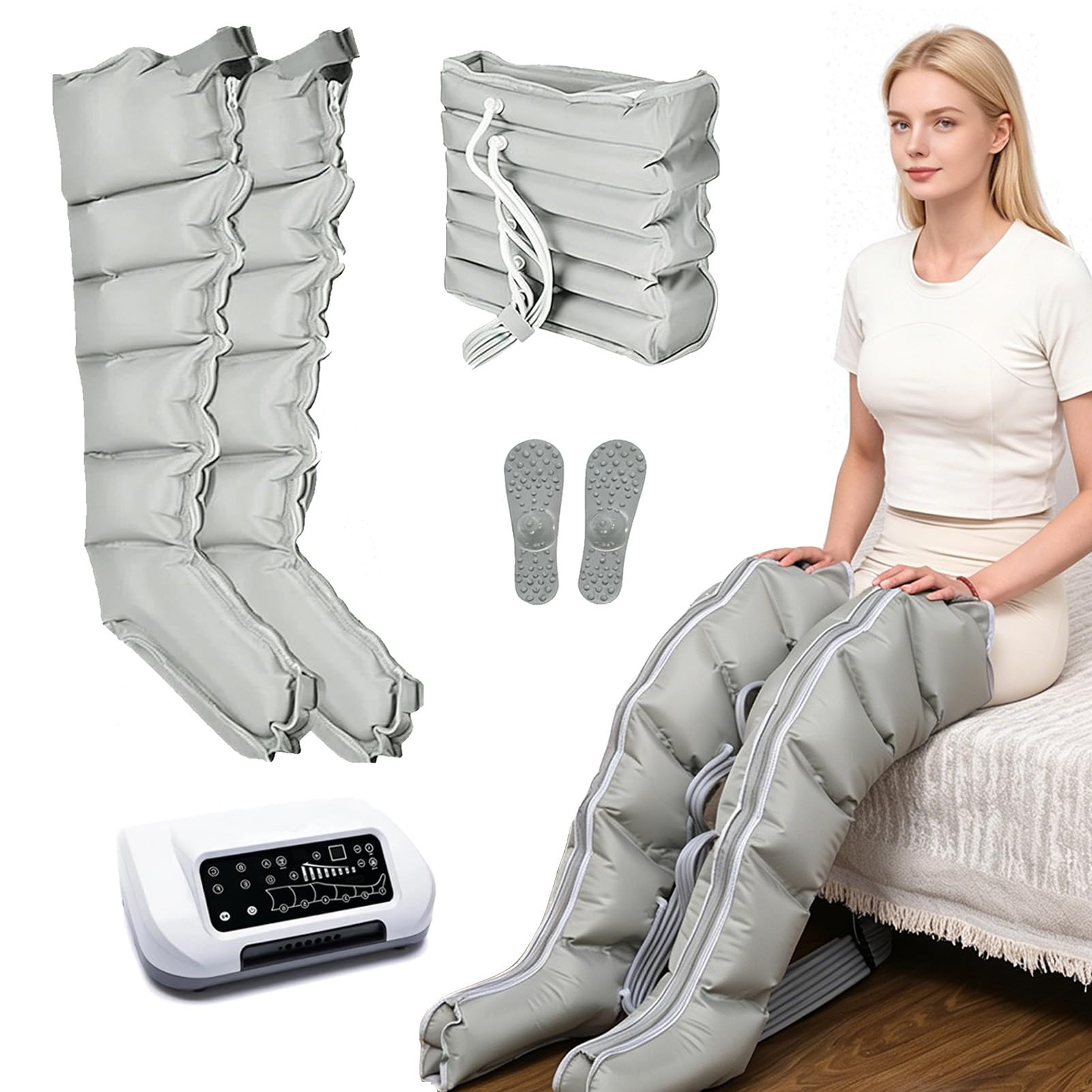 Joyfitness Leg Compression Machine, Full Leg Compression Sleeve, 6 Cavity Pressotherapy Massager Machine with Pressure Sensor, Wireless Remote Control, Auto Exhaust, Promotes Circulation