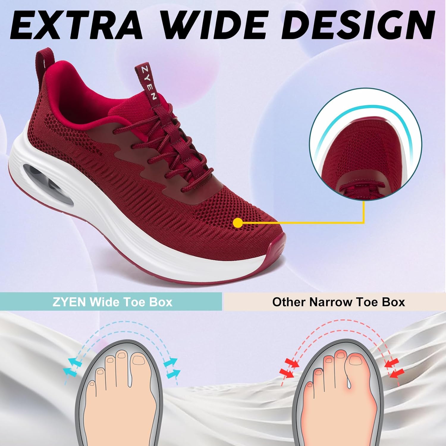 ZYEN Wide Toe Box Shoes Women Air Cushion Road Running Shoes Extra Wide Width Sneakers Arch Support Gym Athletic Tennis Sneakers Lightweight Breathable Walking Shoes - Image 2