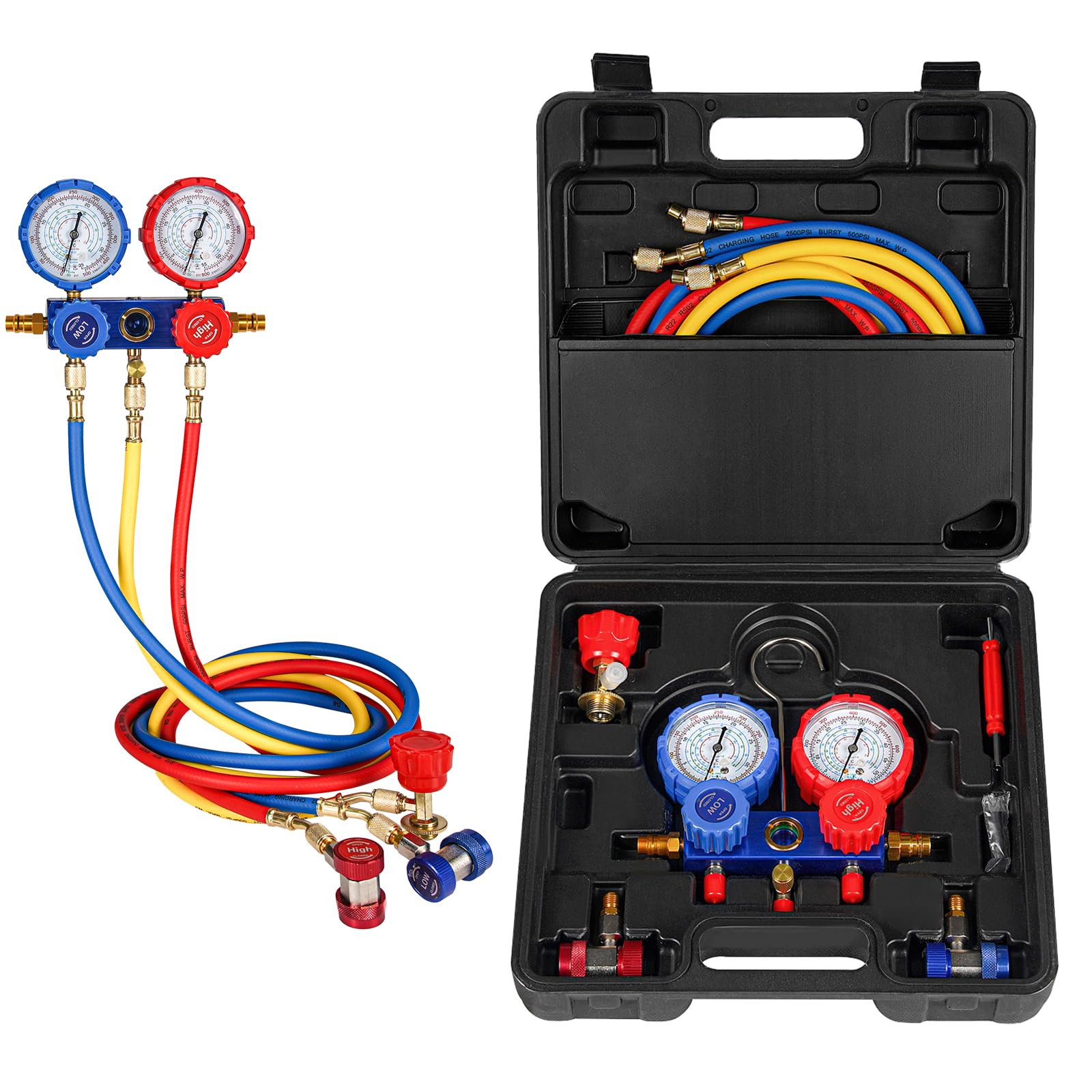 Handor 3 Way AC Gauge Set A/C Manifold Gauge Set Fits for R134A R410A R404A R22 Refrigerant with Adjustable Couplers, Hoses, Can Tap & Adapters