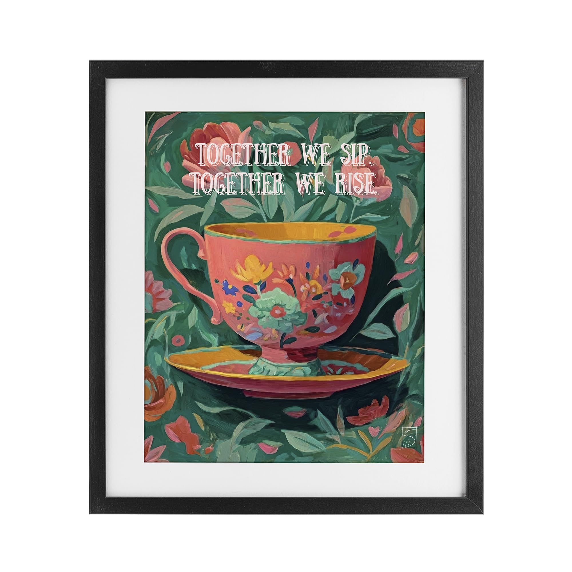 Stupell Industries Midnight Black (Textured) Floral Sip And Rise Motivational, 17 X 21 Inch Framed Print Under Glass