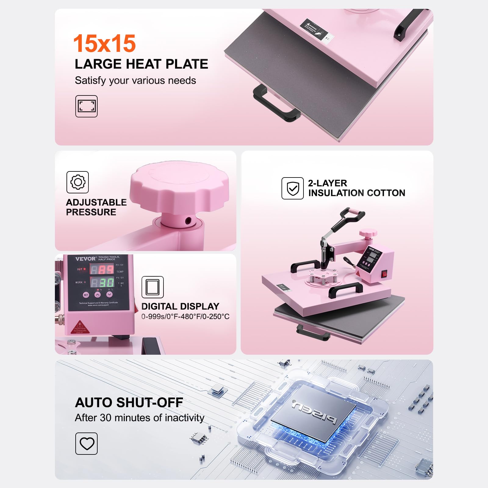VEVOR Macchina per Trasferimento Termico 380 x 380 mm Macchina per Pressatura a Caldo 8 in 1 con Pressa a Tamburo 0,17 kg-0,85 kg Pressatura per Magliette Oscillante a 360° per Magliette/Piatti, Rosa