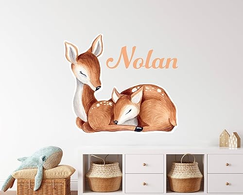 Calcomanía de pared con nombre de ciervo lindo para guardería, cervatillo de animales, calcomanía de pared extraíble de bosque, decoración de pared