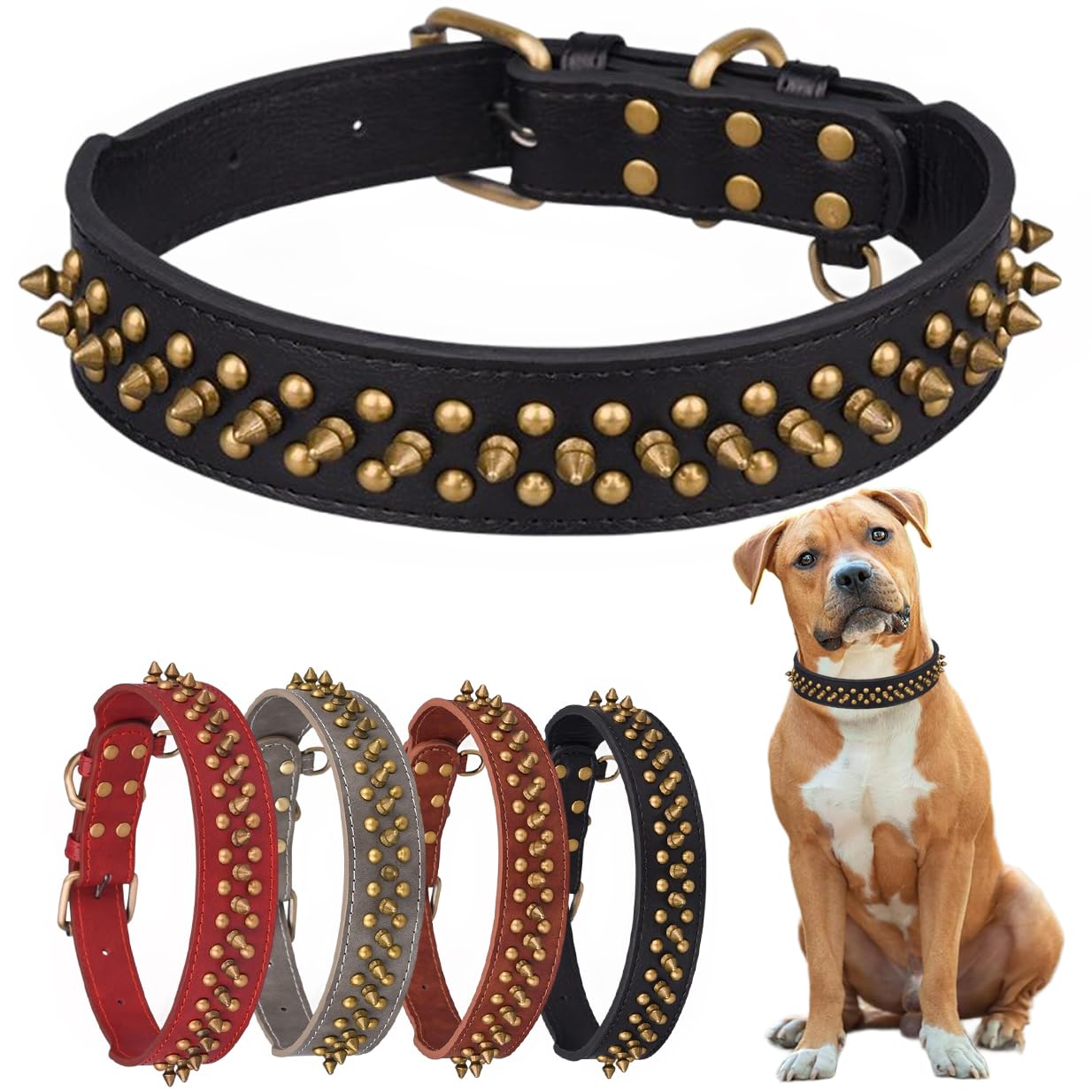 Spiked Dog Collars, Leather Spike Collars with Bullet Rivets, Durable Soft and Adjustable for Small Medium Large Dogs