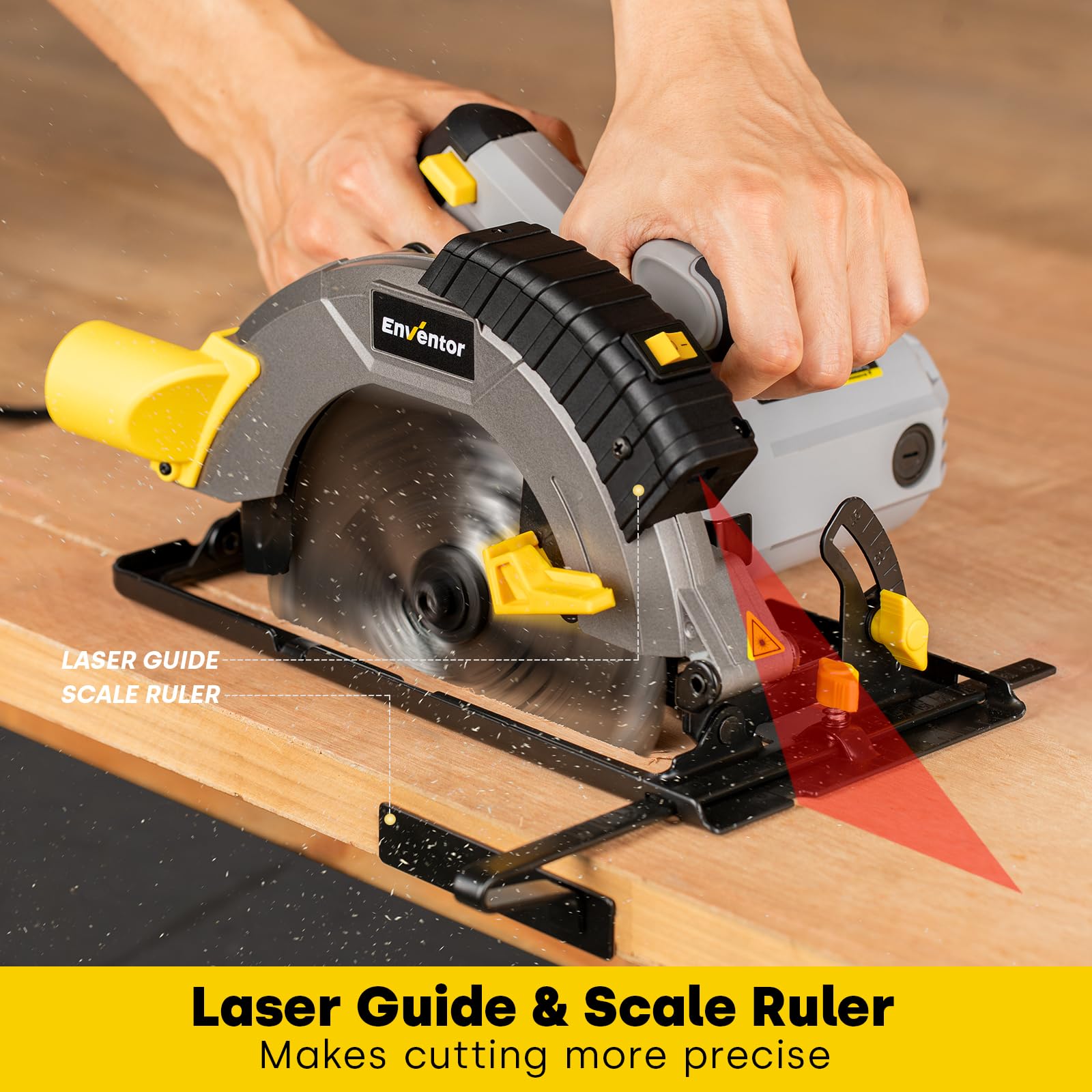 ENVENTOR 1650W Scie Circulaire, 5500RPM Scies Circulaires Électriques Filaire, Moteur Puissant, coupe 62 mm (90 °), 46 mm (45 °), (Diamètre de Lame de Scie : 185 mm), pour Bois, PVC
