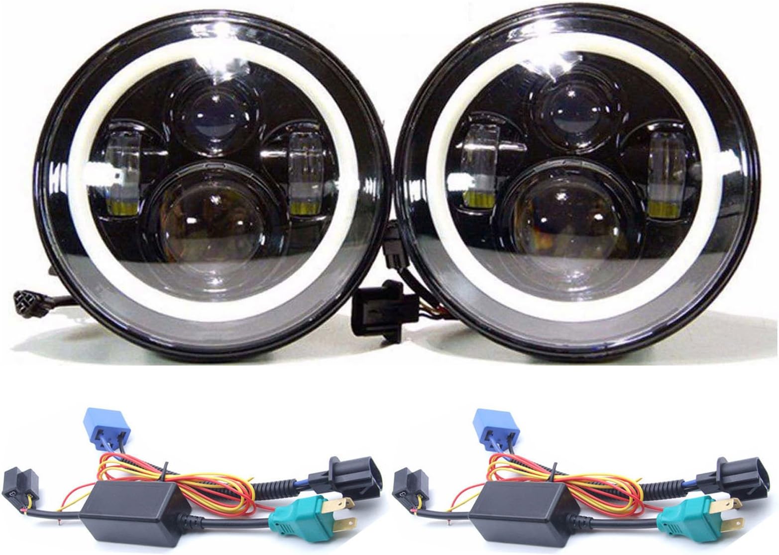 DOT Approved 7 Inch 7500LM Round LED Headlights Lamp Black Halo Ring Angle Eyes Assembly/High/Low Beam Turning Signal Light