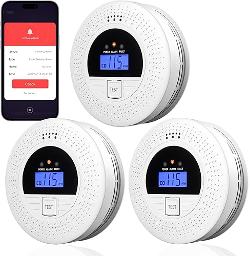 WiFi Smoke and CO Detector 3-Pack Smart APP Alert & Real-Time LCD Display 85dB Loud Alarm, Phone Notifications, Easy Install, Battery Powered for