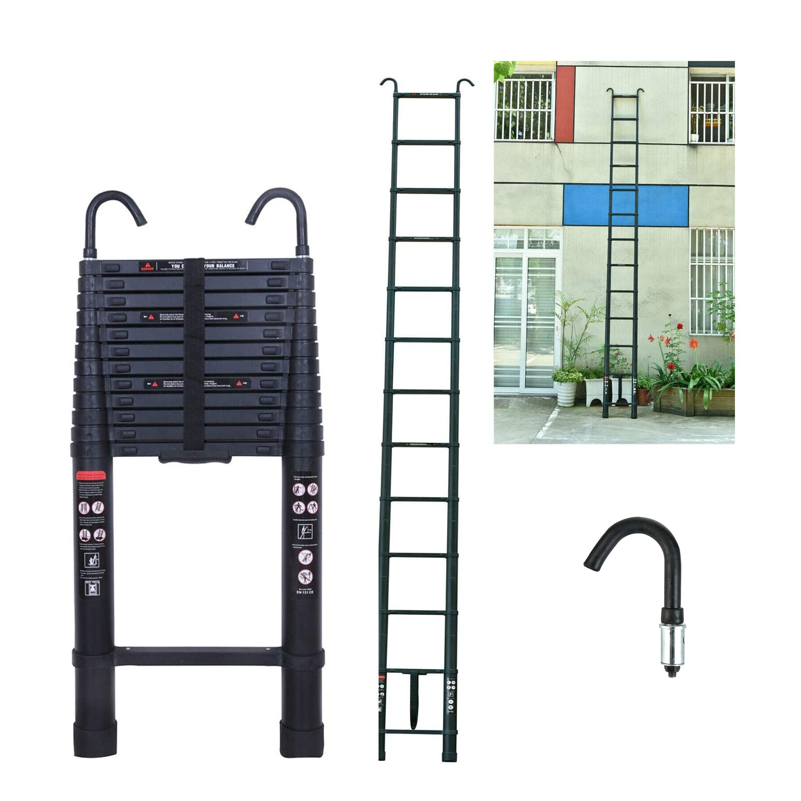 5 m drabina teleskopowa wielofunkcyjna ze zdejmowanym hakiem, aluminiowa drabina składana, antypoślizgowa, wysuwana, wytrzymała, obciążenie 150 kg (czarna)