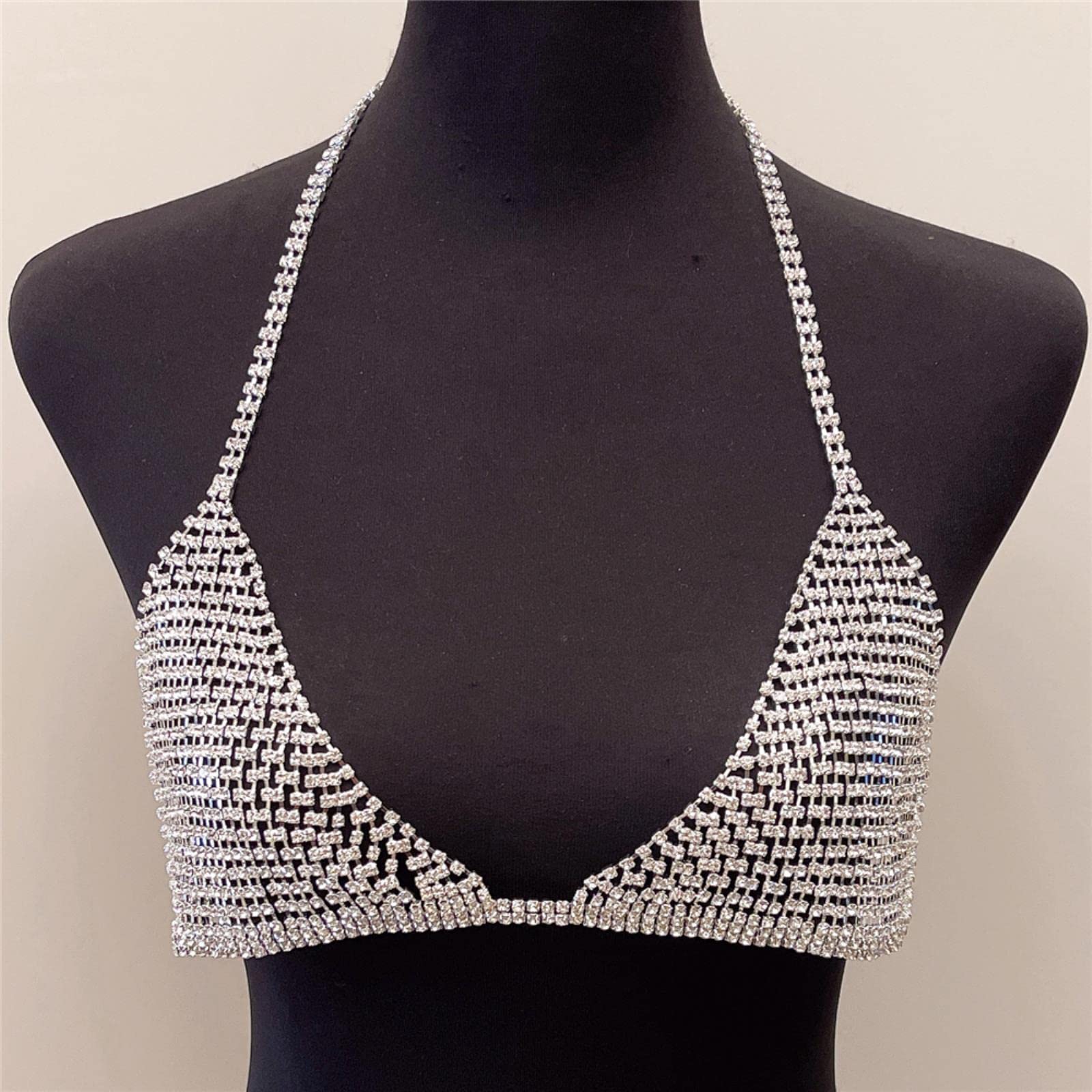 RWRAPS Donne Sexy Strass Corpo Catena Reggiseno Intrecciato Catena Lucido Cristallo Bikini Reggiseno Partito Discoteca Biancheria Intima Accessori Gioielli (Argento Placcato)