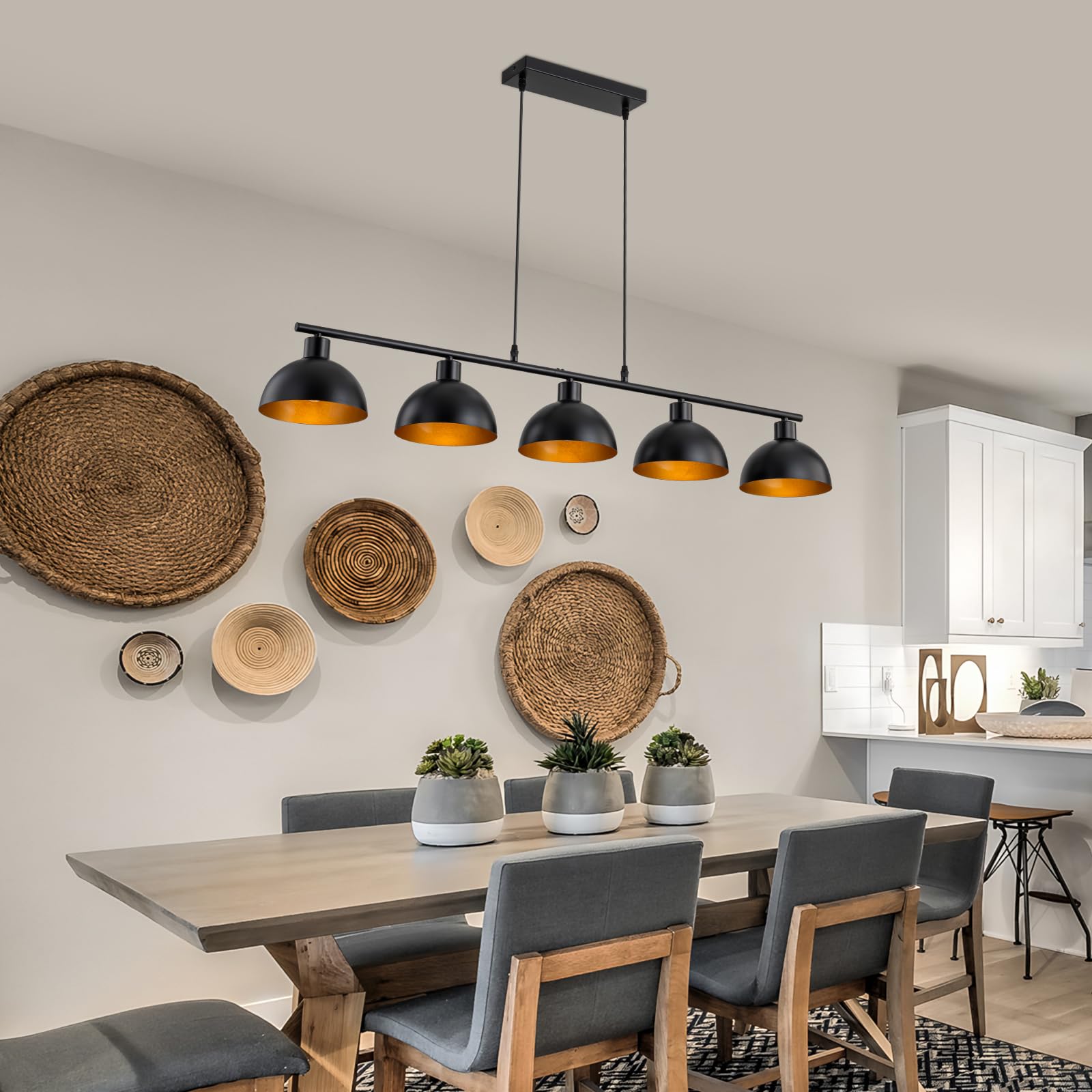 WILON Pendelleuchte Esstisch Schwarz,Pendelleuchte 5 Flammig,Vintage Pendelleuchte im Industrial Design,Metall Lampenschirm Hängelampe,Wohnzimmerlampe Decke Hängend,Hängend Vintage(Ohne Lichtquelle)