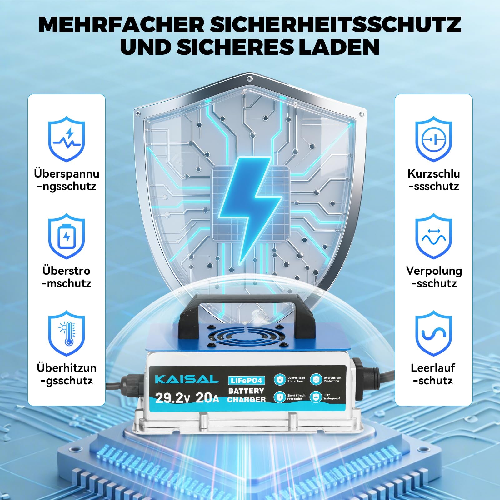 KAISAL 29.2V 20A LiFePO4 Ladegerät, LiFePO4 Batterieladegerät | für 24V/25.6V Lithiumbatterie, 0V Aktiviert, IP67 Wasserdicht, 24V Lithium Batterie Ladegerät für Wohnmobil, Boot, Solar