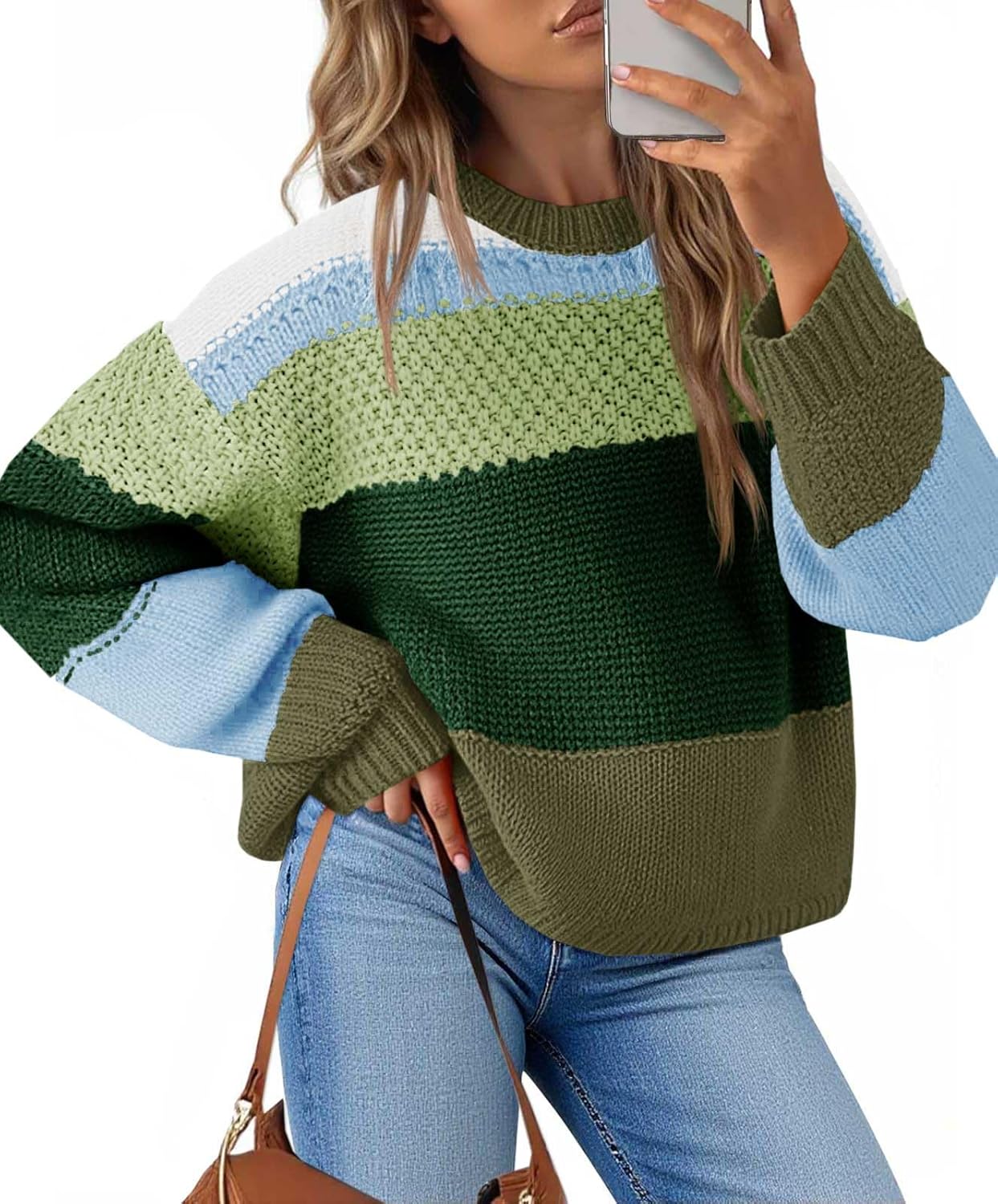 Saodimallsu Womens Color Block Cropped Sweaters 2025 Winter Trendy Casual Oversized Y2k Going Out Striped Pullover Tops