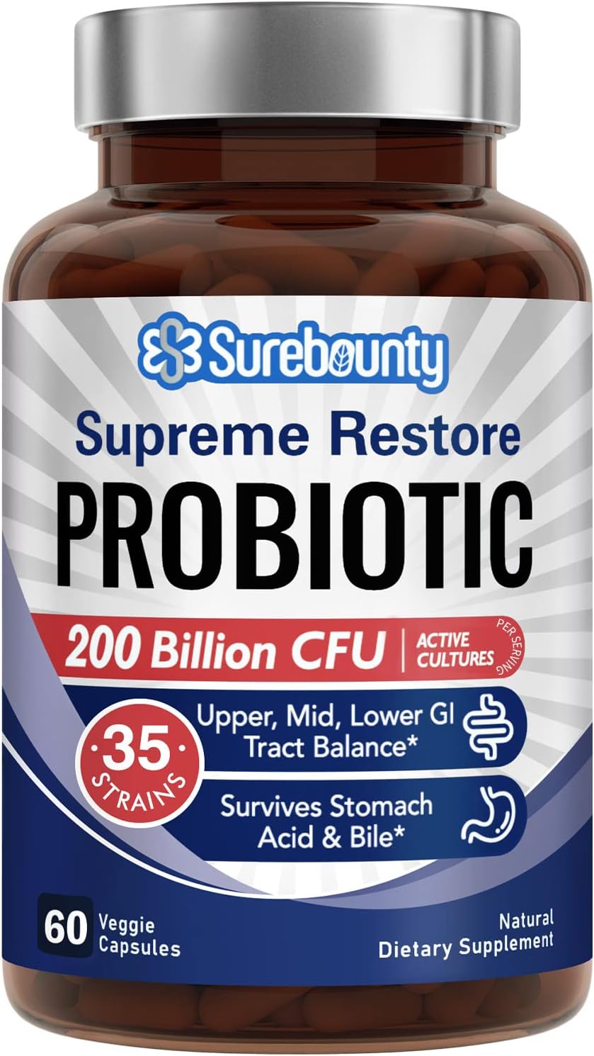 Probiotic for Men & Women, 200 Billion CFU 35 Strains, Prebiotics + Digestive Enzymes, Supreme Restore Probiotic Supplement, 60 Veggie Capsules