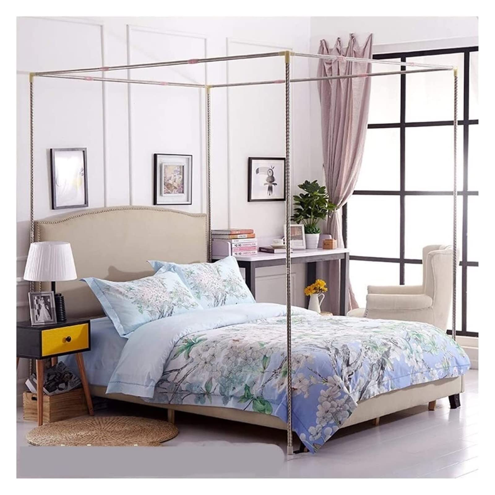Staffa per zanzariera a 4 Angoli, Telaio per zanzariera in Acciaio Inossidabile, Montante per baldacchino con Supporto a Spirale Addensato, Adatto per Letto King Size Twin/Full/Queen/King/Ca