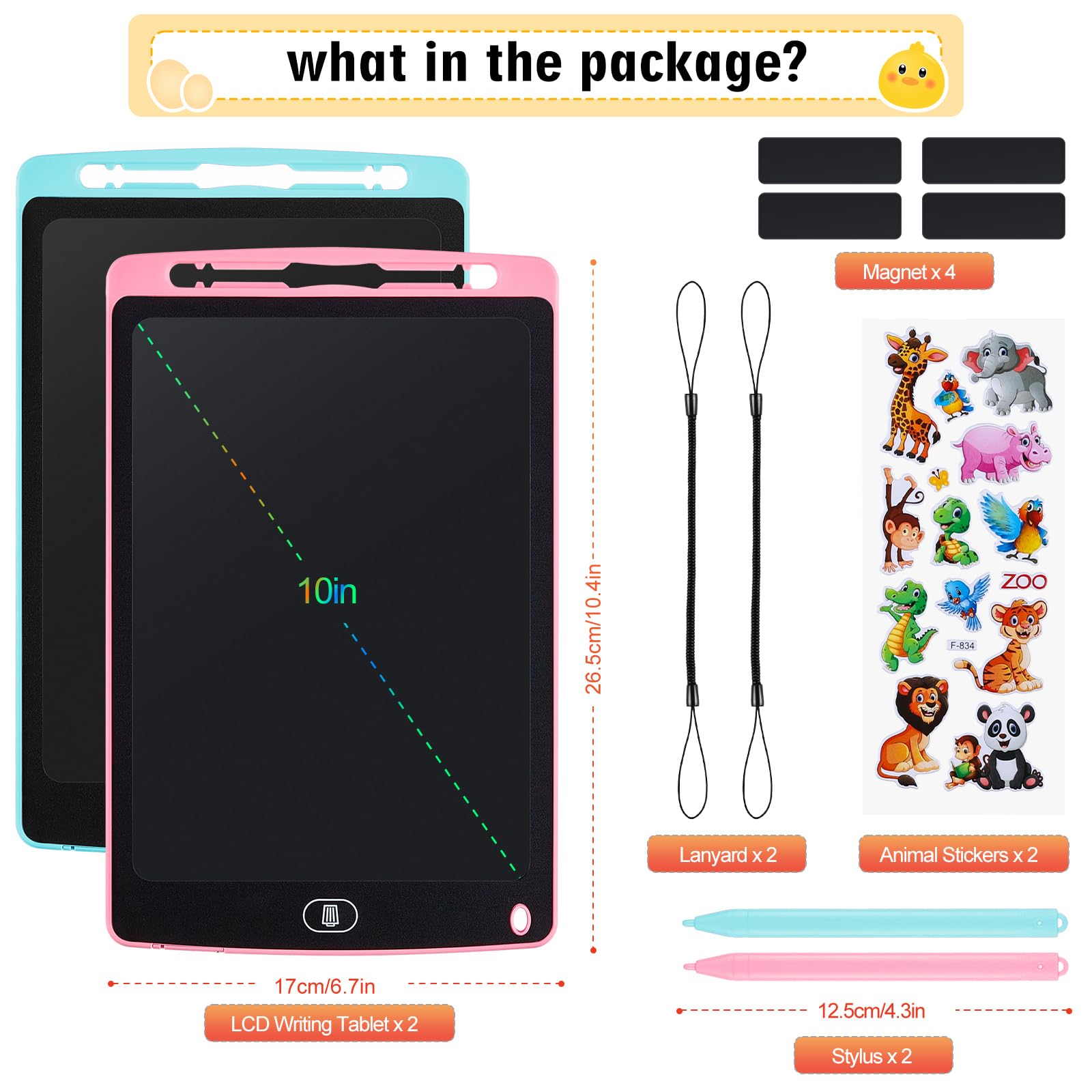 Damcyer 2 Pezzi Tavoletta Grafica LCD Scrittura 10 Pollici,LCD Tavoletta Grafica Bambini con Schermo Colorato,Taccuino Cancellabile con Adesivi Animali,per Ragazzi e Ragazze di età 3 4 5 6,Blu+Rosa