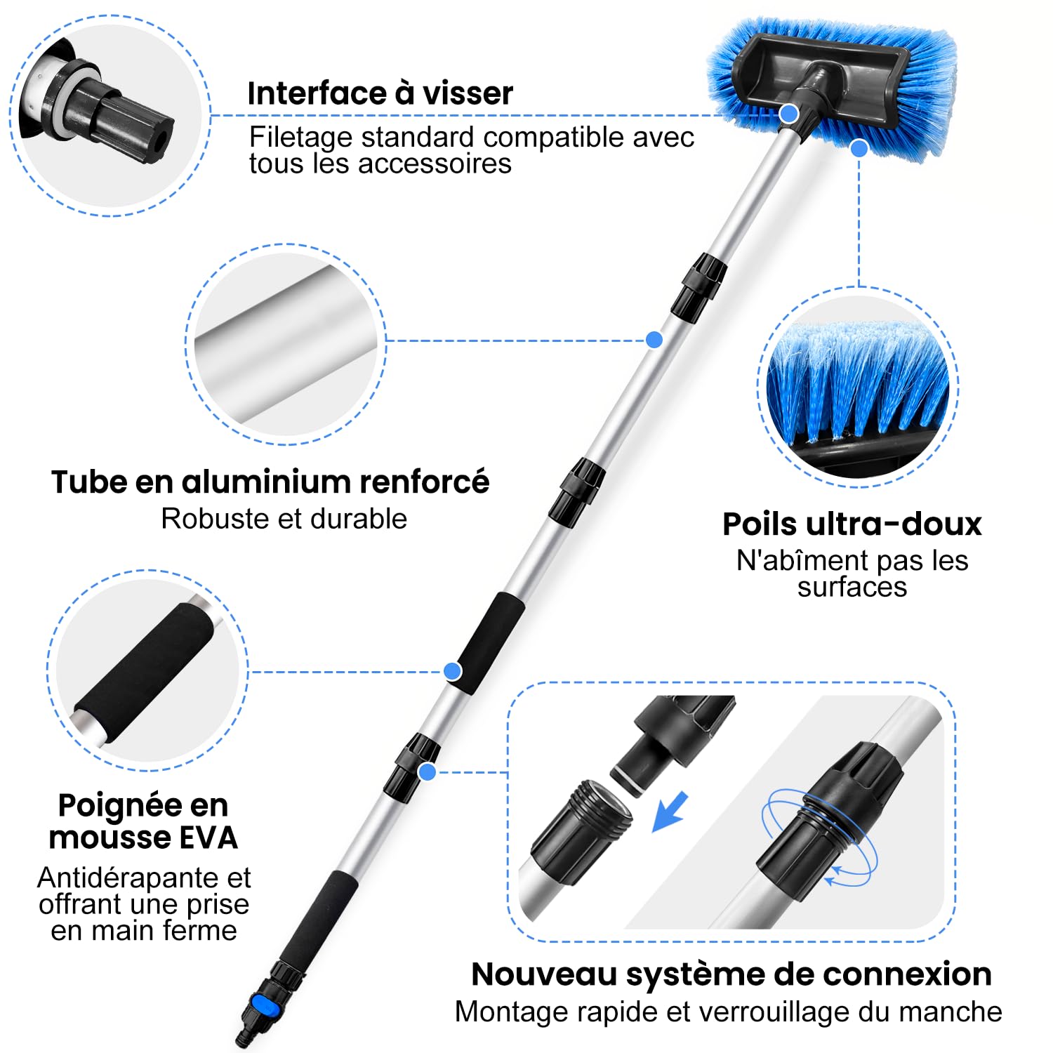 160cm Brosse de lavage auto long manche, raccord de tuyau interrupteur | 30cm poils souples, extensible manche, pour voiture, car, SUV, camion, bateau, façade maison, Bleu