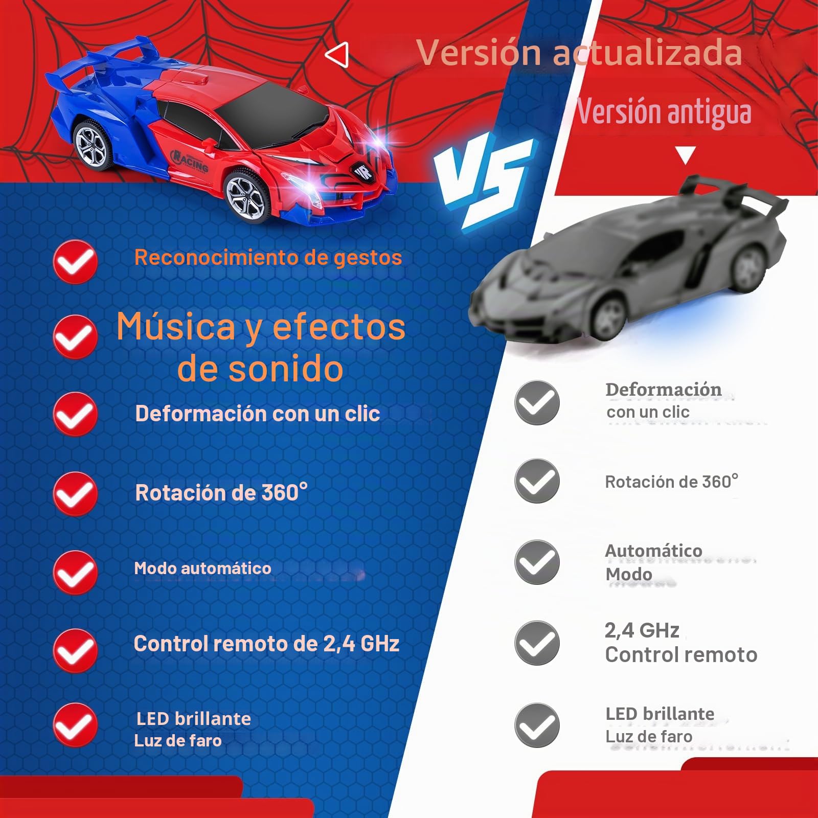 Spider Coche RC Transformator Robot, 2.4GHz Sensor Gestual, 1:18 con Sonido y Luz, Juegos para Niños y Niñas de 3 a 12 Años