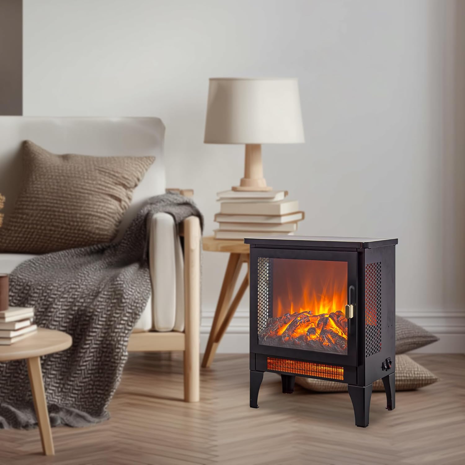 18" Freestanding Electric Fireplace Stove with Realistic Flame, Faux Fake Fireplace Heater with Overheating Safety Protection, 700W/1400W Thermostat, Small Electric Heater for Indoor Use – Black