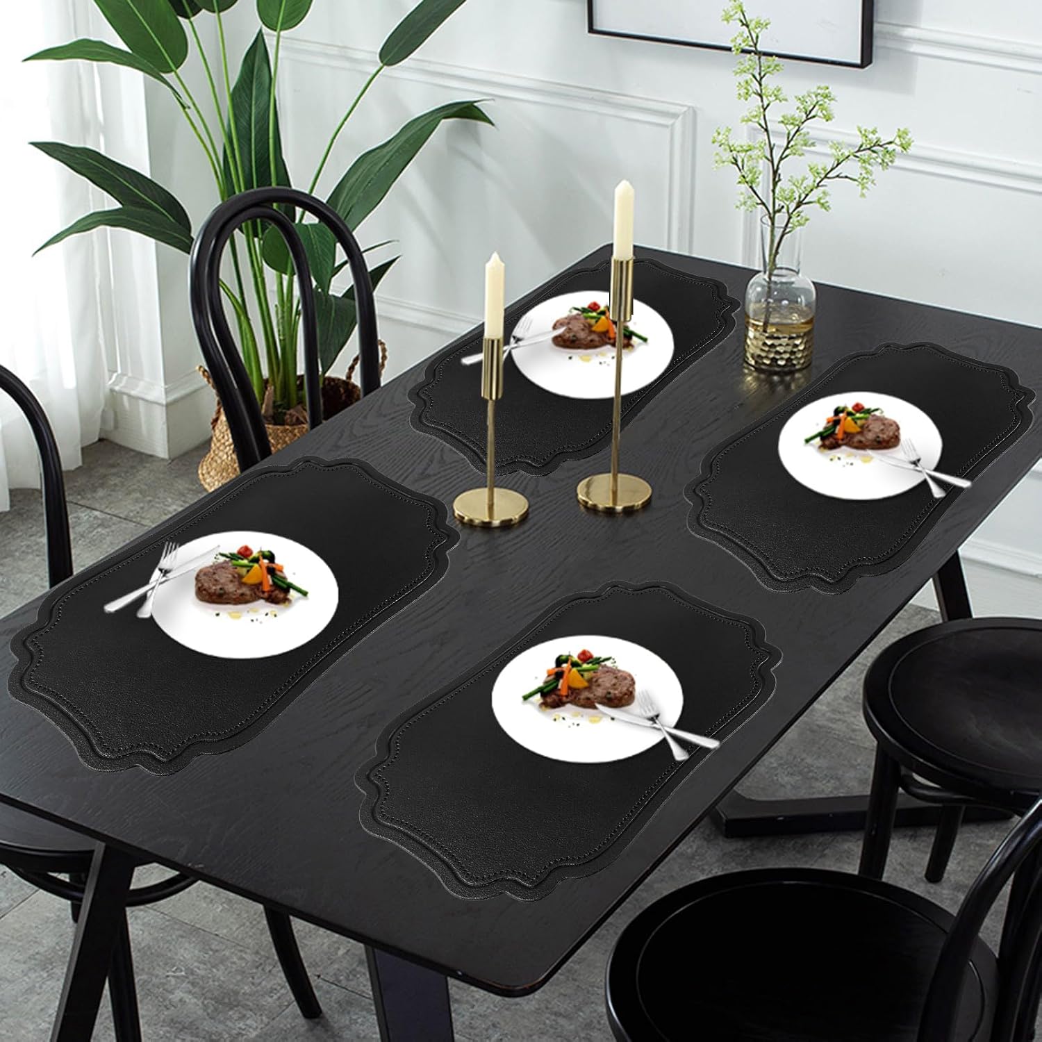 Black Placemats Indoor Set 6,Faux Leather Table Mat Waterproof