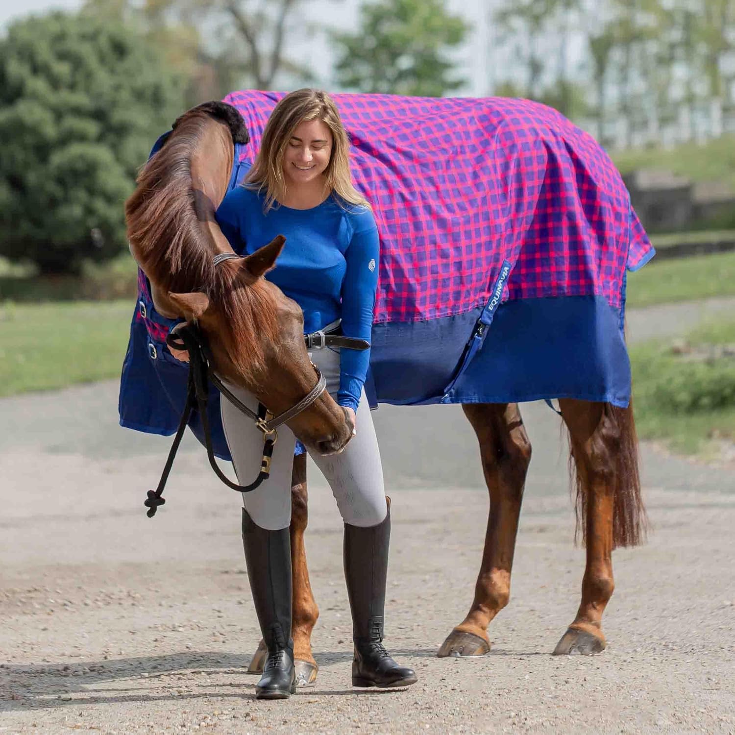 Equinavia Norse No Fill Horse Rain Blanket (0g) | Waterproof Lightweight Turnout Sheet - Black - 66 in - Galaxy Blue/Pink Flambee - 66 in