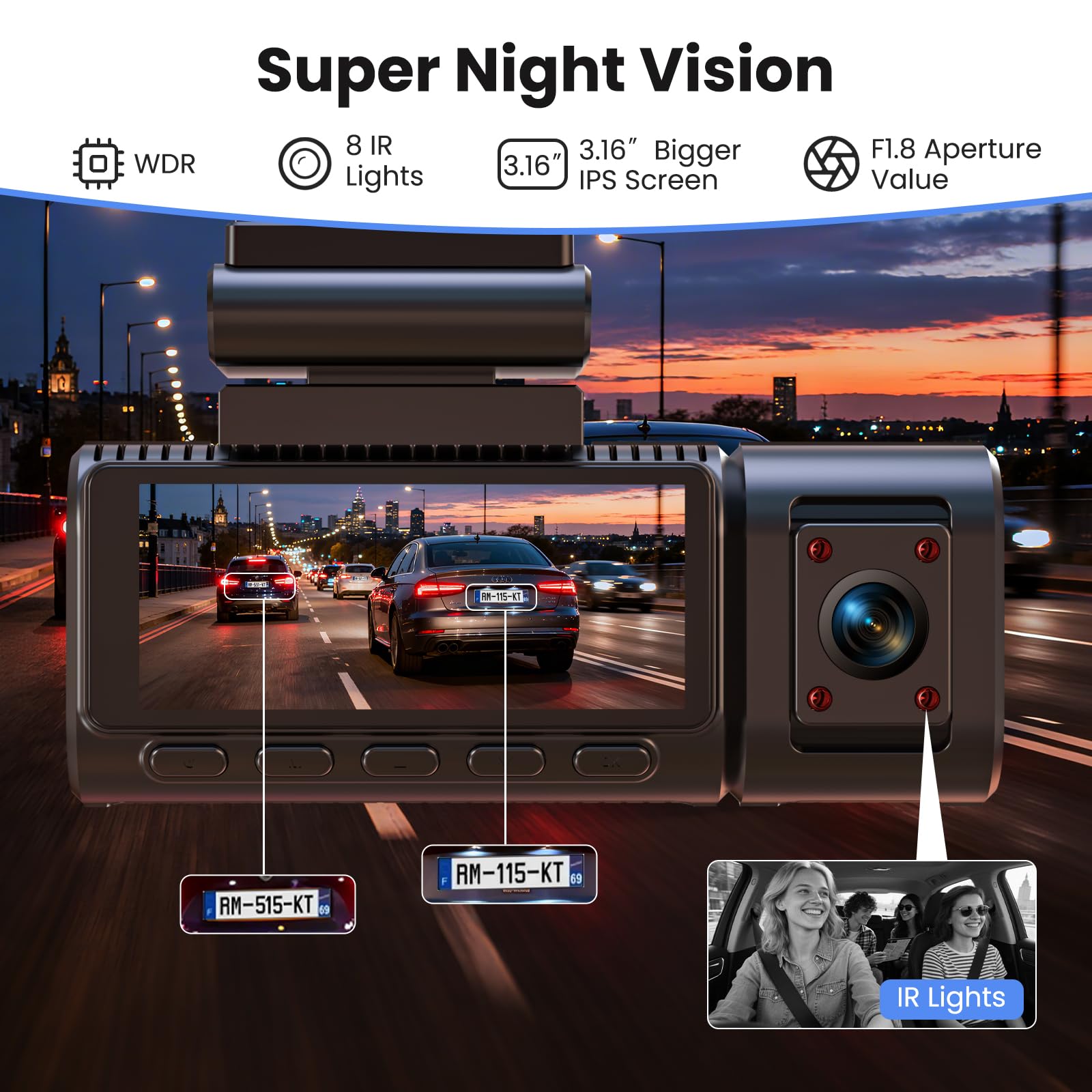 4K Dashcam Auto Vorne Hinten mit WiFi,3 Channel 1080P Dash Cam Auto Kamera 3,16" IPS Bildschirm,Kostenlose 64 GB Karte,Nachtsicht,G Sensor,Loop-Aufnahme,200°Weitwinkel WDR,Parküberwachung