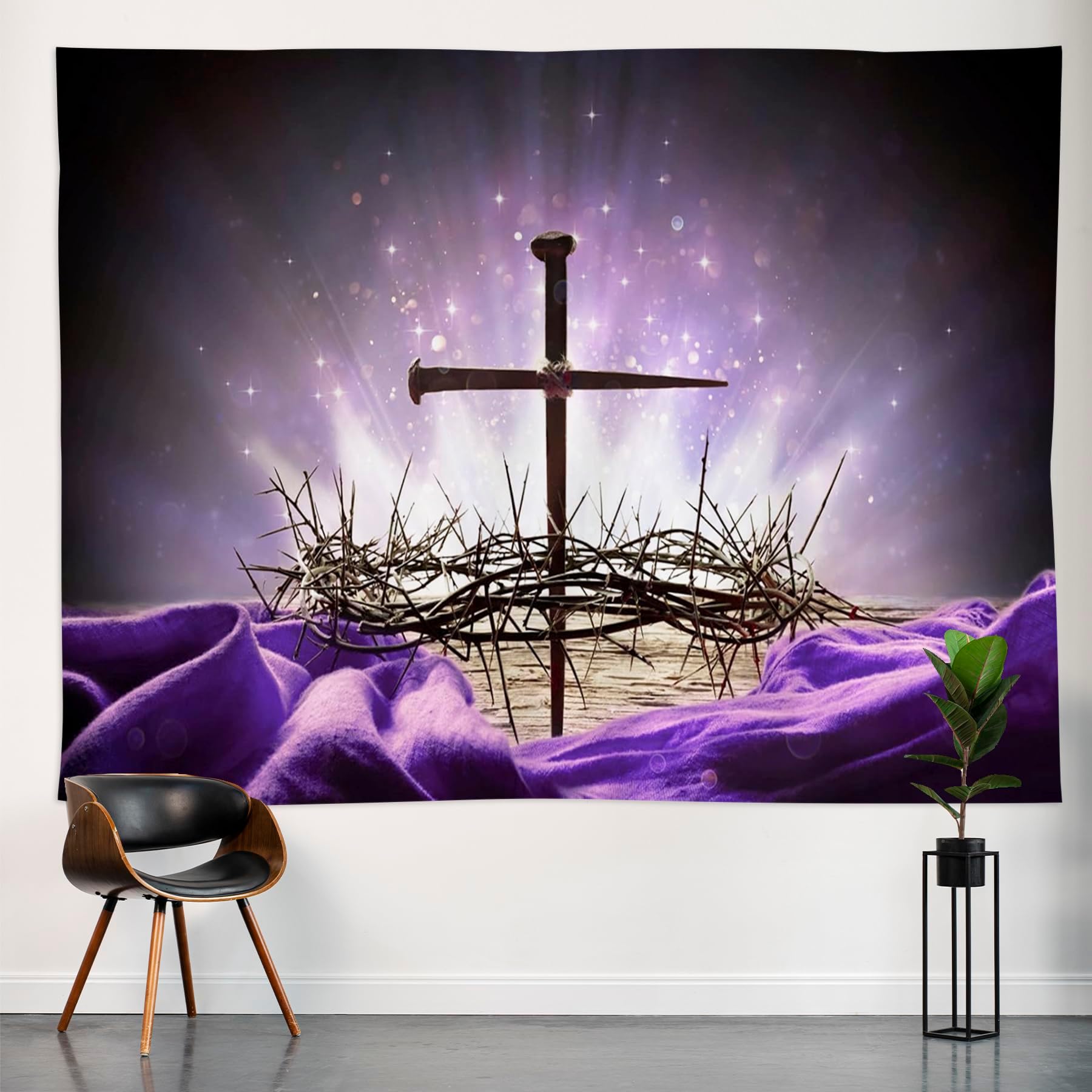 SULLOTSY Polyester Jesus Christ Cross Tapestries Easter Holy Bible Cross Backdrop for Sanctuary Wall Hanging Easter Photo Background for Bedroom Living Room Dorm 82.6" L X 59" W