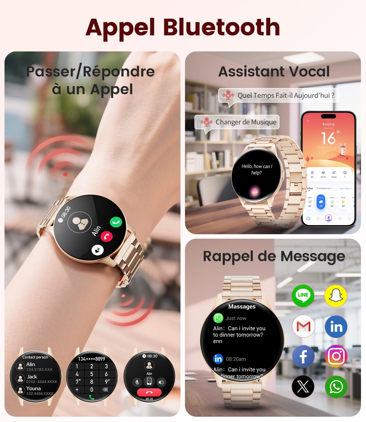 Montre Connectée Femme,1,43" AMOLED Montre Sport,Smartwatch avec Bracelet en métal premium/120+ Modes Sportifs/Fréquence Cardiaque/Compteur,Montre Femme pour iOS et Android,Doré