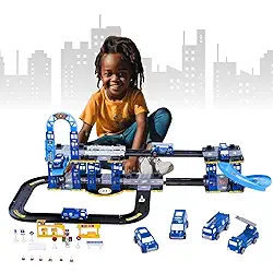 Pista De Carrinhos Policial C/Elevador Brinquedo Infantil 2 Andares Acompanha 4 Carrinhos