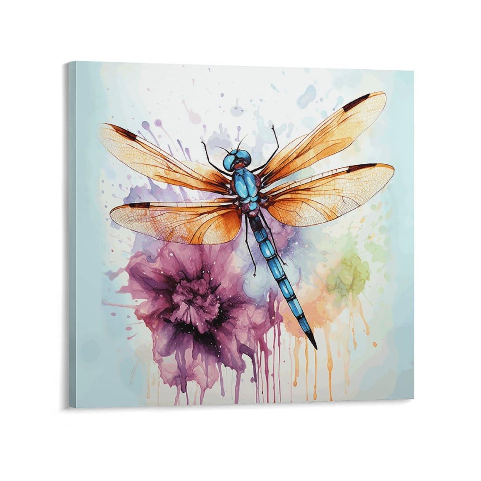 Dragonfly Watercolor Painting Canvas Wall Art for Bedroom 20x20inch(50x50cm) Canvas Prints Artwork for Walls Modern Picture Artwork Painting for Living Room Aesthetic Wall Paintings for Bathroom Kitch