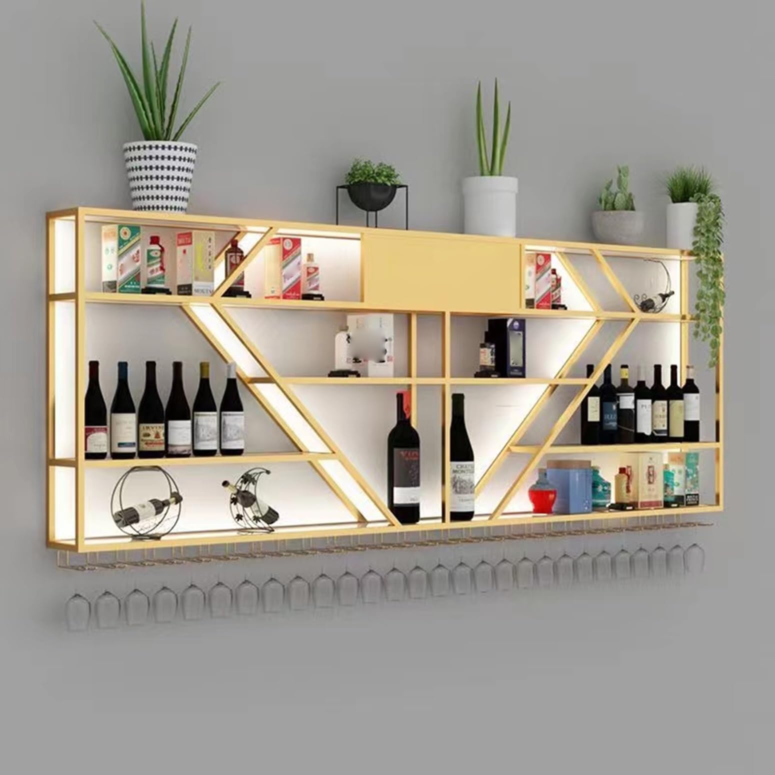 Nowoczesny ścienny metalowy stojak na wino ze światłem LED, stylowe półki do przechowywania czarnego wina do kuchni, kawiarni, domowego baru - 180 cm x 20 cm x 100 cm