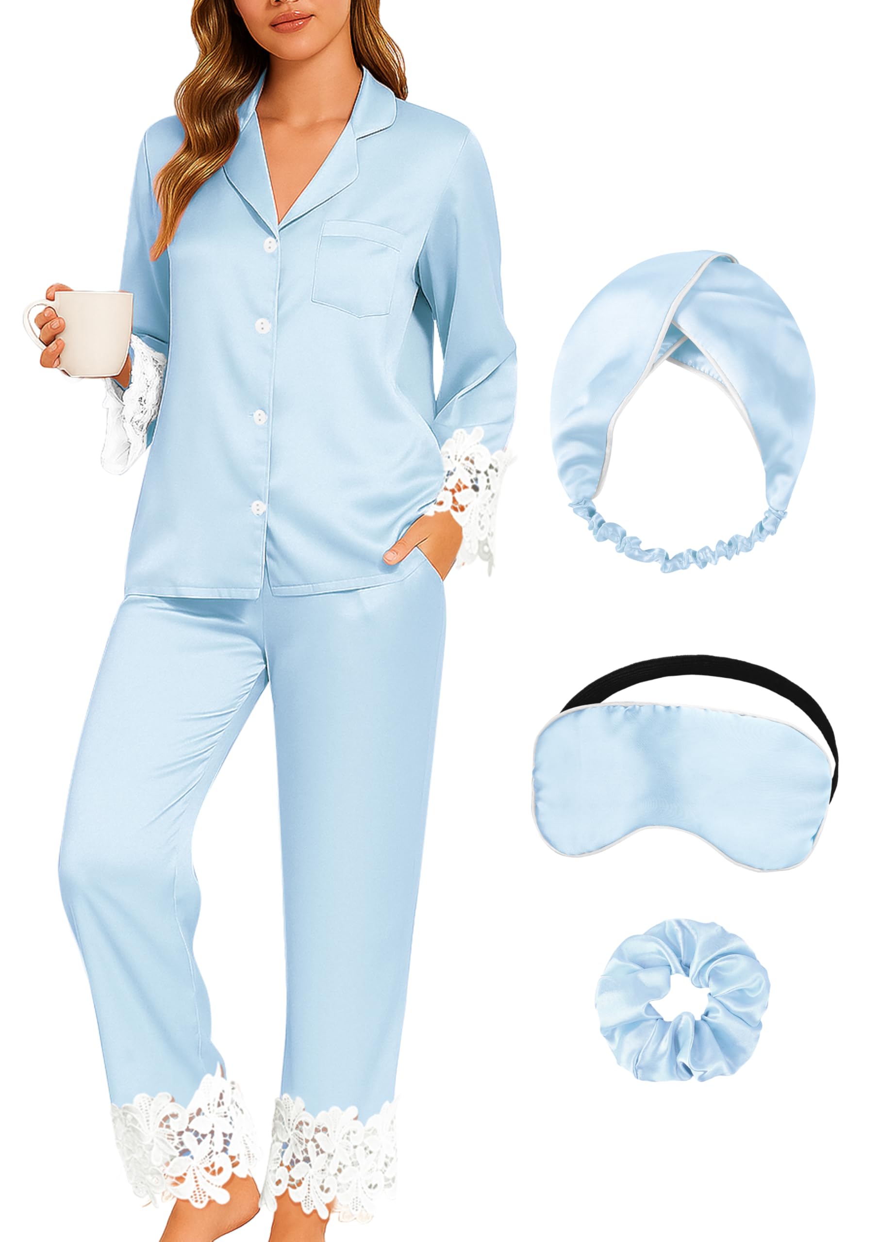 Silk Pajamas for Women 2 Pcs Satin Pajama Set Flower Lace Trim Button Down Sleepwear Pjs Set Loungewear