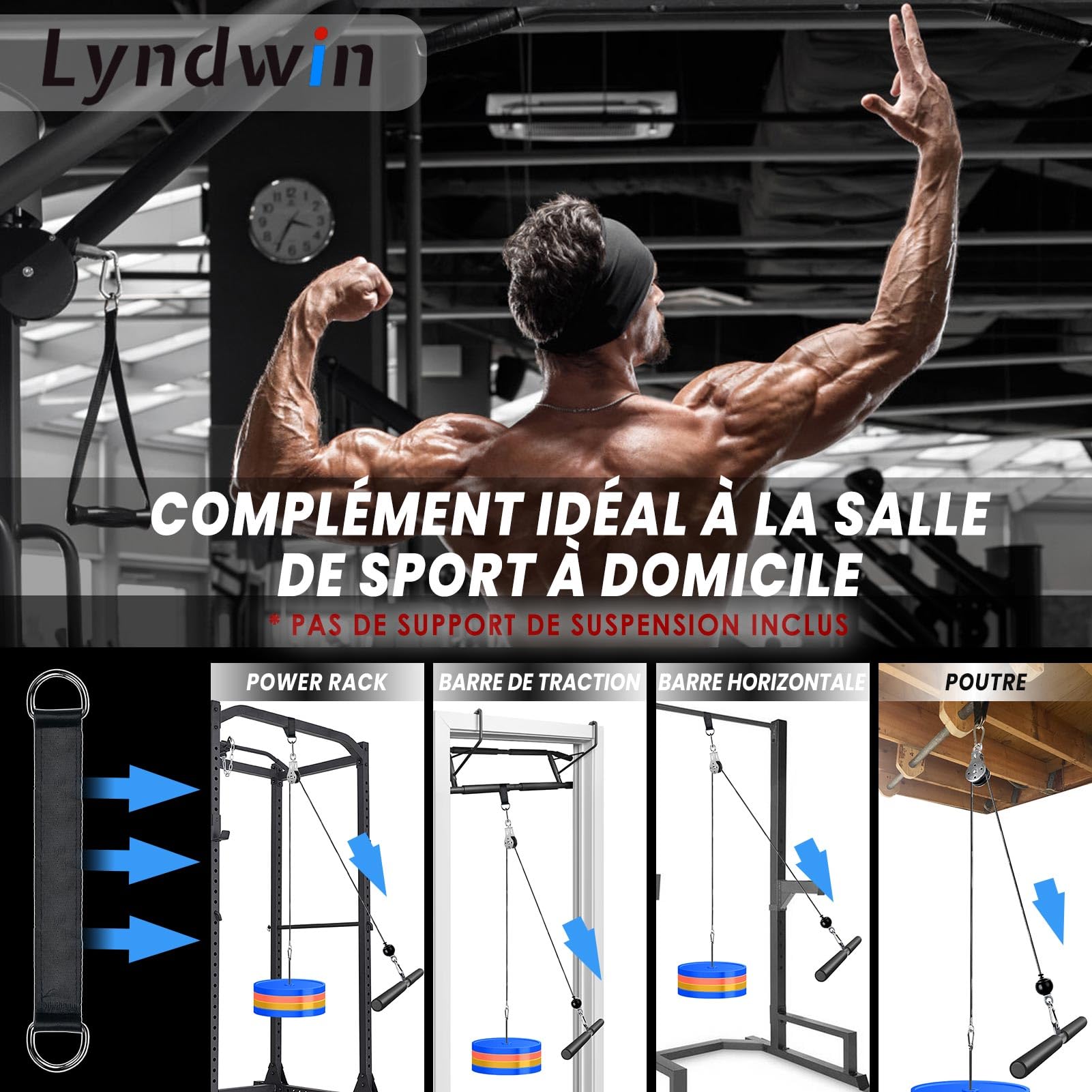 Poulie Musculation, 3 en 1 Muscu Machine kit Poulie de Tirage Musculation Maison avec Mousse Barre Poignet, Appareil Fitness Accessoire pour Triceps Biceps Bras Poitrine Dos