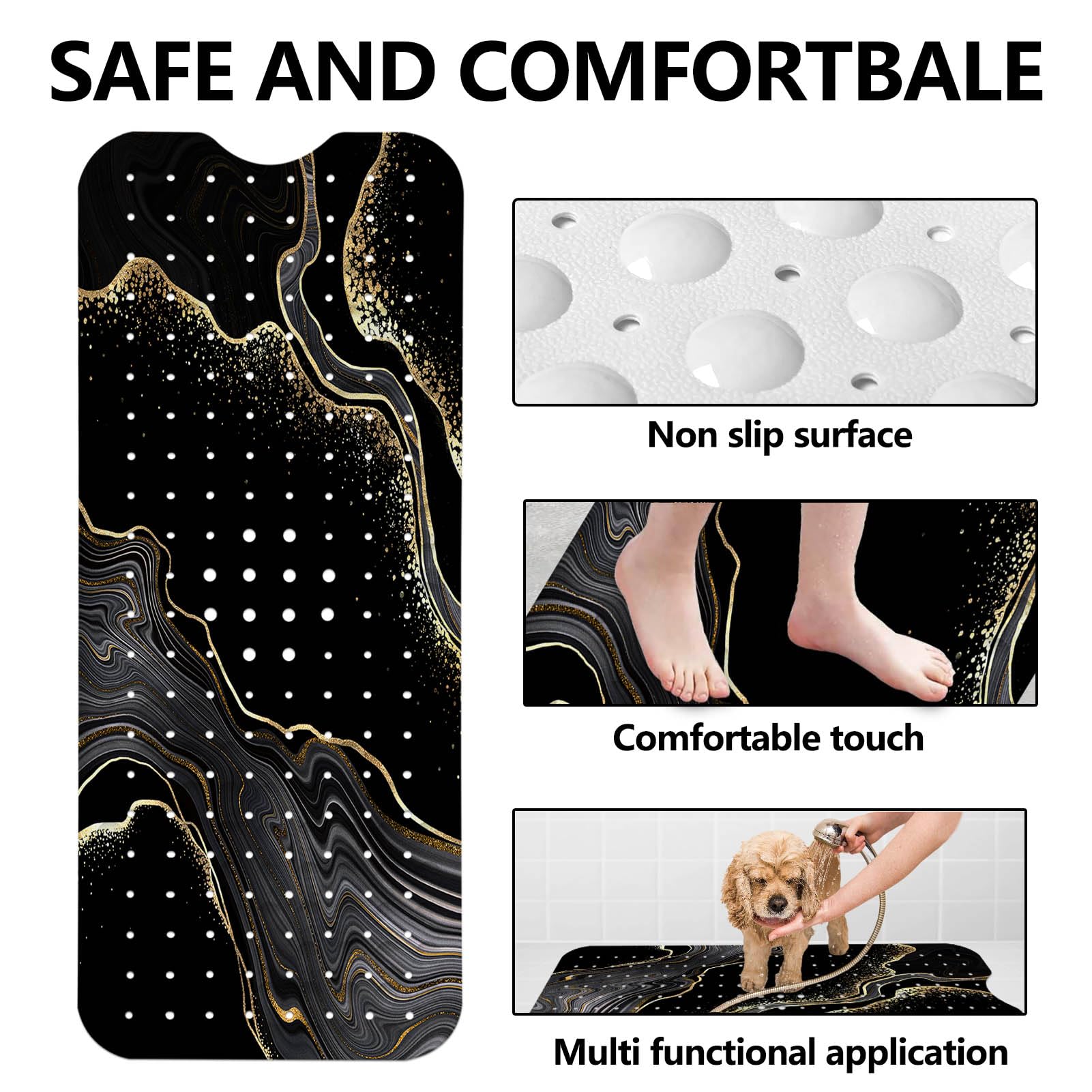 LNOND Marble Bath Tub Mat Non Slip, Extra Long 40 X 16 Inch Anti Slip Mat for Bathtub, Black Gold Marble Shower Mat with Drain Holes and Suction Cups, Machine Washable