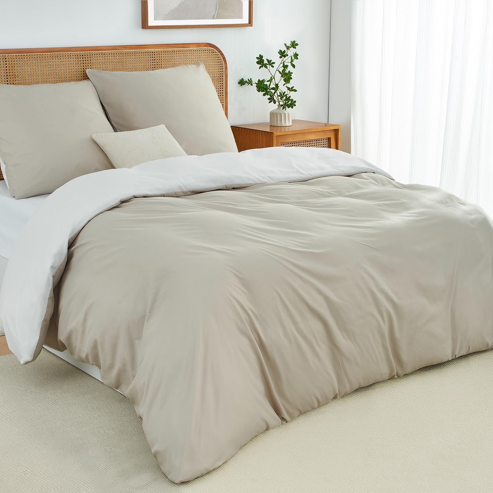 Funda Nórdica Cama 90 Beige/Blanco,Súper Suave Diseño Doble Cara A/B con Cremallera, Certificación Oeko-Tex 1 Funda de Edredón 135x200 + 2 Fundas de Almohada 80x80 cm