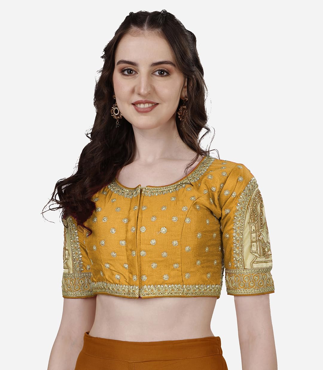 Pujia Mills Women's Heavy Embroidery Coding With Sequins And Diamond Work Half Sleeves Fancy Cutwork Readymade Saree Blouse.(Palace Yellow_38)