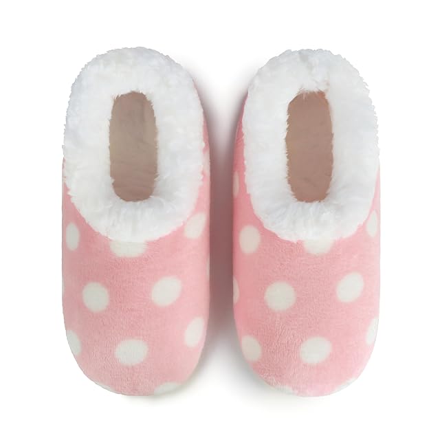 Snoozies Faux Fur Polka Dots Slippers for Women Indoor Soft Sherpa-Lined House Slippers Cute House Shoes for Women