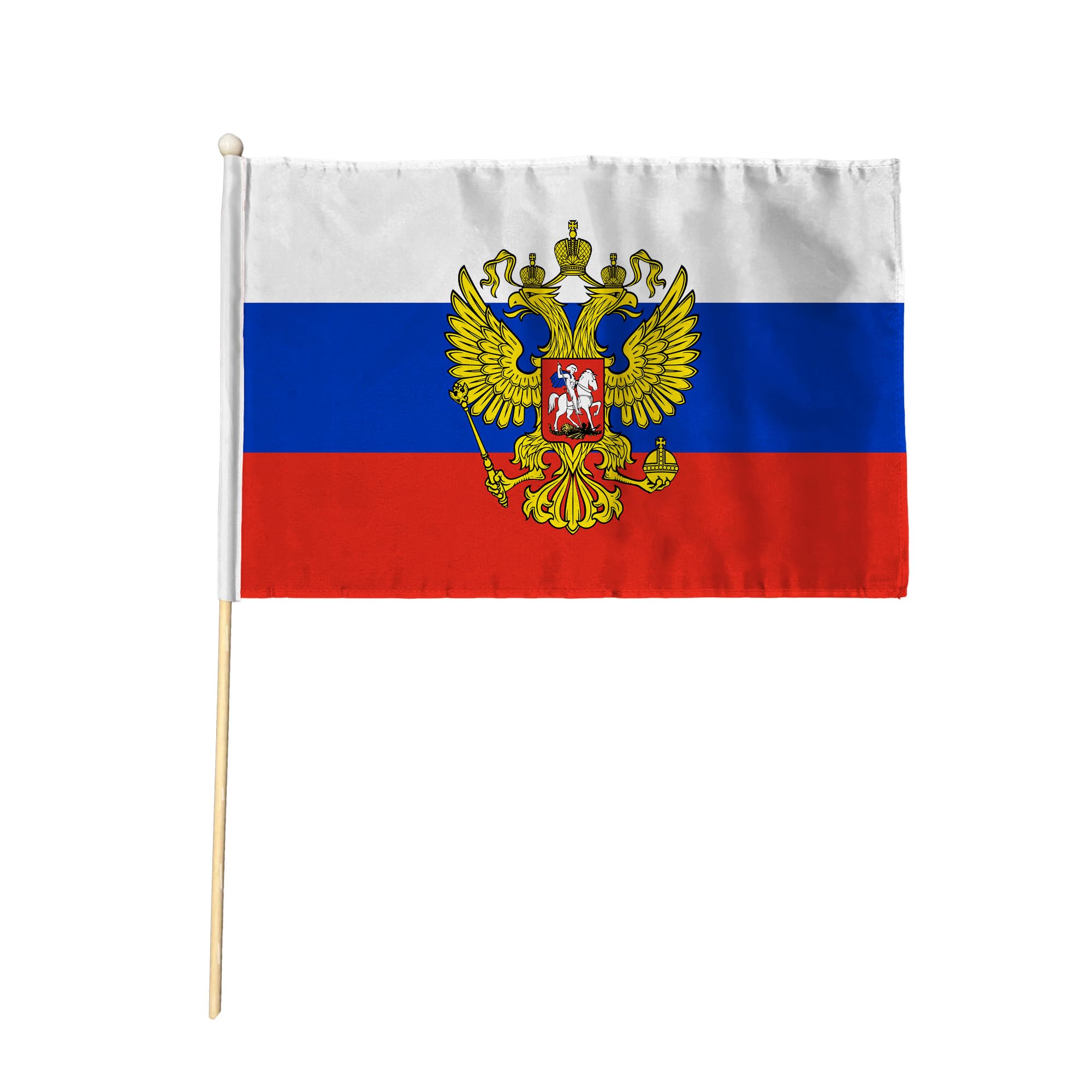 Flagtex Russia with Crest Hand Waving Flag (18x12 Inch Large) - Premium Wooden Stick Hand Flag Big Size Natural Wood Pole European White Blue Red Double-Headed Eagle Flag