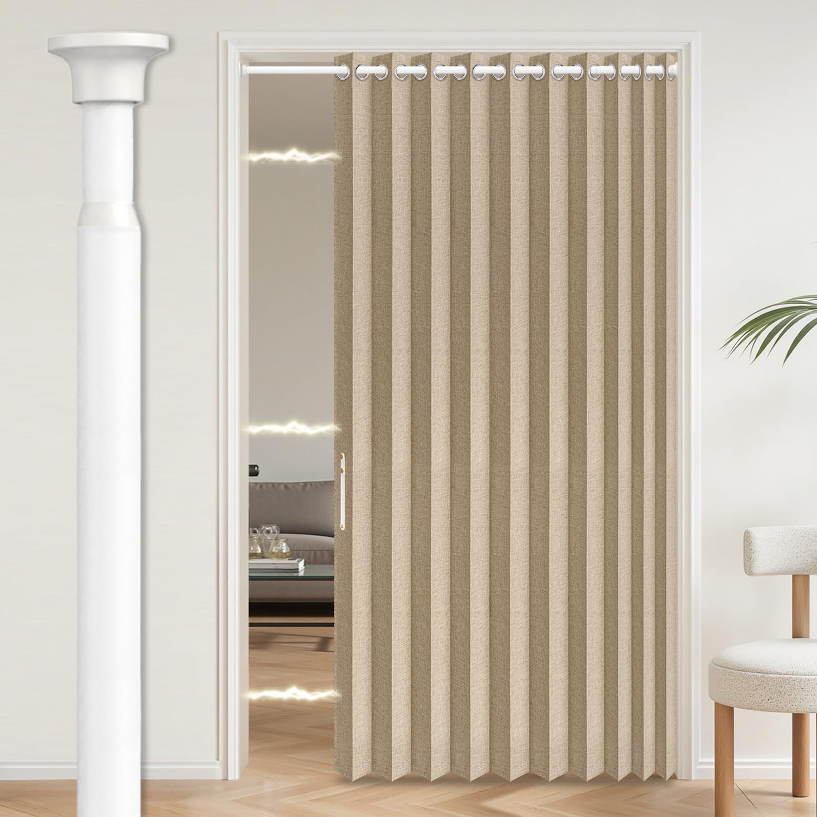 AJAZZ Blackout Accordion Door Interior with Curtain Rods Adjustable 28-52" Long, Magnetic Door Curtain for Bedroom Living Room Kitchen Doors Curtains Set, 1 Pack, W55 x L80 in, Brown