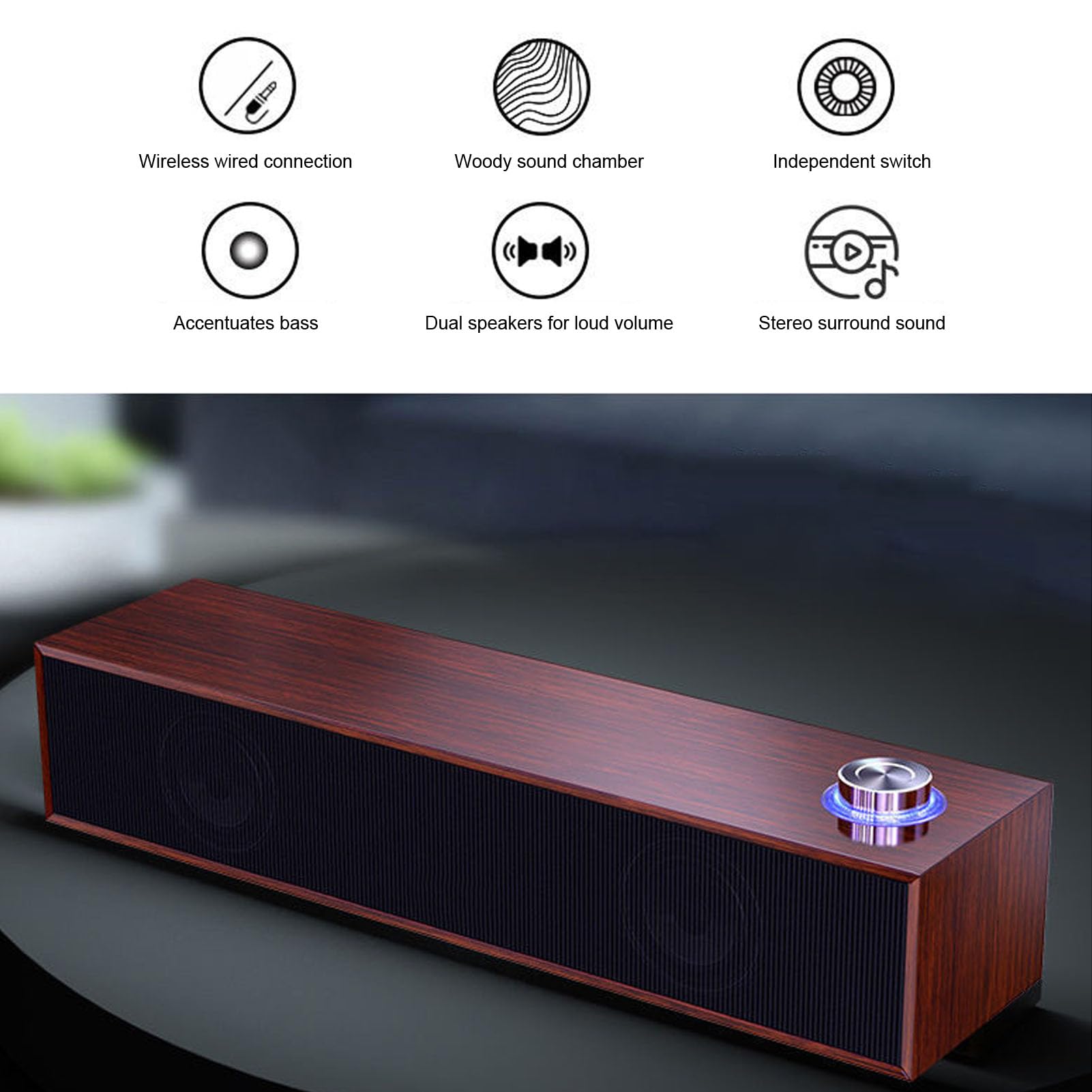 Diyeeni Haut-parleurs D'ordinateur en Bois pour Bureau, Mini Barre de Son avec Son Stéréo, Petits Haut-parleurs PC Alimentés par USB, avec Bouton de Volume, Prise et Port AUX 3,5 Mm,