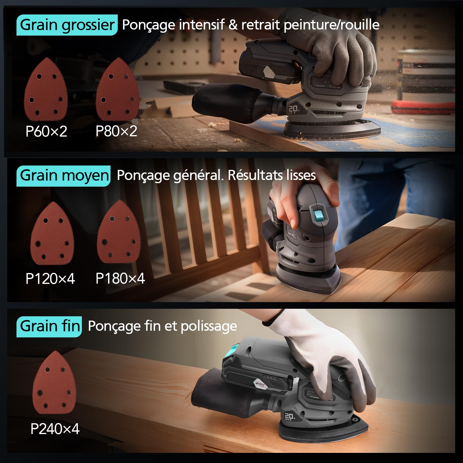 Ponceuse Triangulaire Sans Fil 20V, Mini Ponceuse Bois 12000 tr/min avec Sac à Poussière, 20 Feuilles Abrasives, Poignée Ergonomique, Batterie 2.0Ah et Chargeur Inclus,Ponceuse Murale